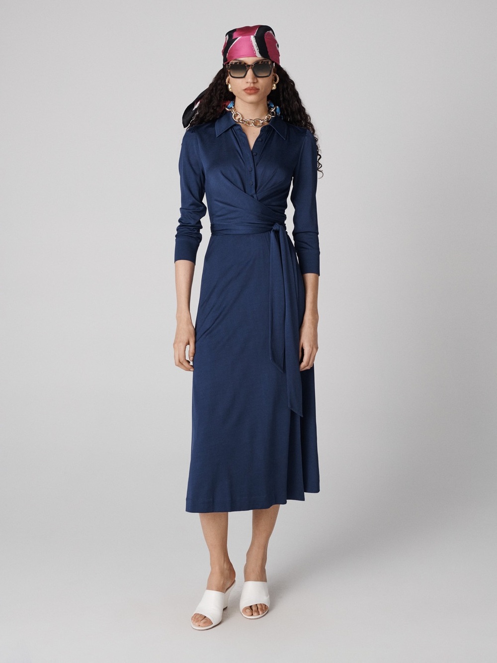 24. DVF • NWOT $675 Sana Dress Navy Wrap Midi Shirt Dress - Classic Women's Dres